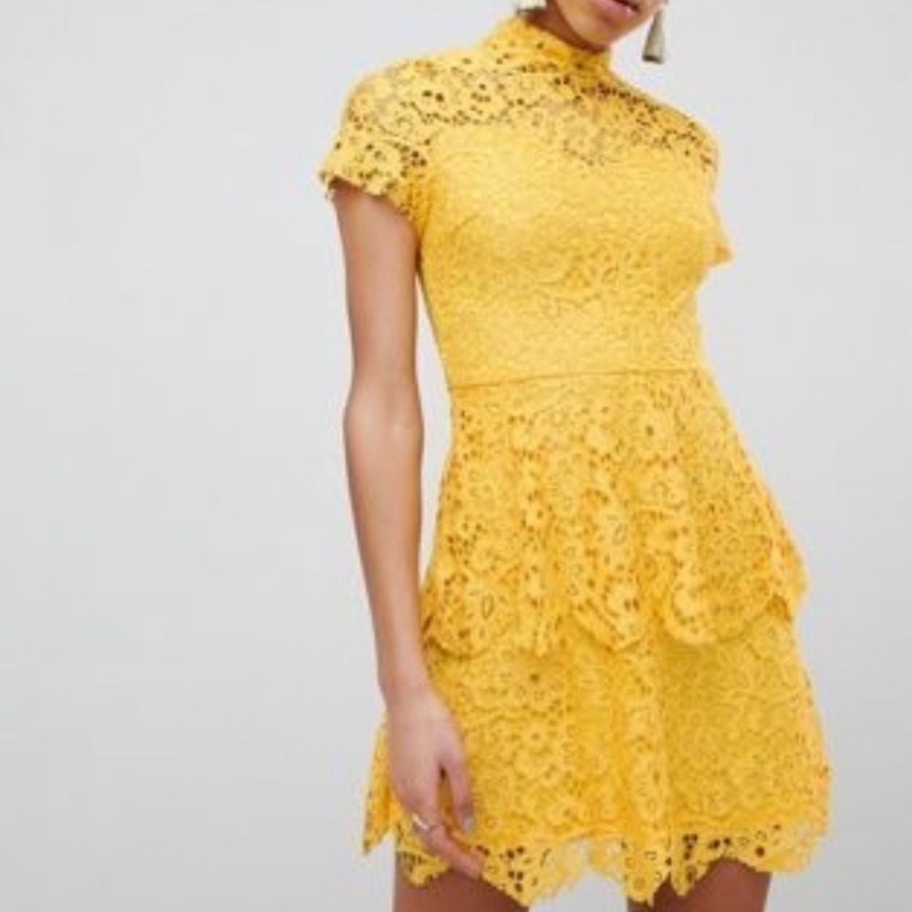 Missguided-Size US 4 (UK8)- High Neck Lace Mini Dress (Yellow)
